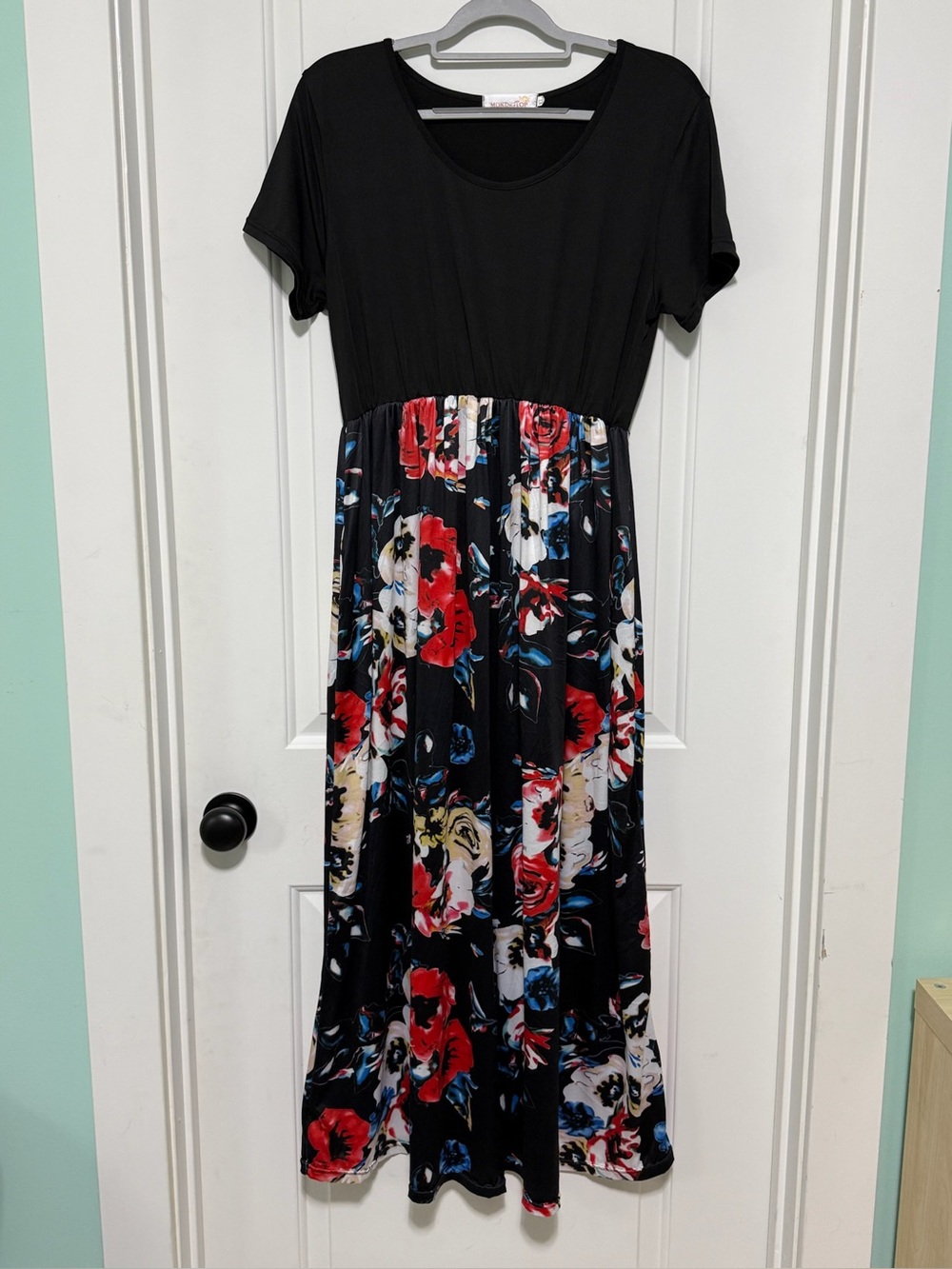 Black Maxi Dress with Red & Blue Floral Skirt and Pockets